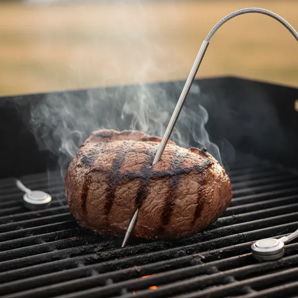 Ultra-thin waterproof Napoleon ACCU-PROBE PRO X probe inserted into a steak on a hot grill.