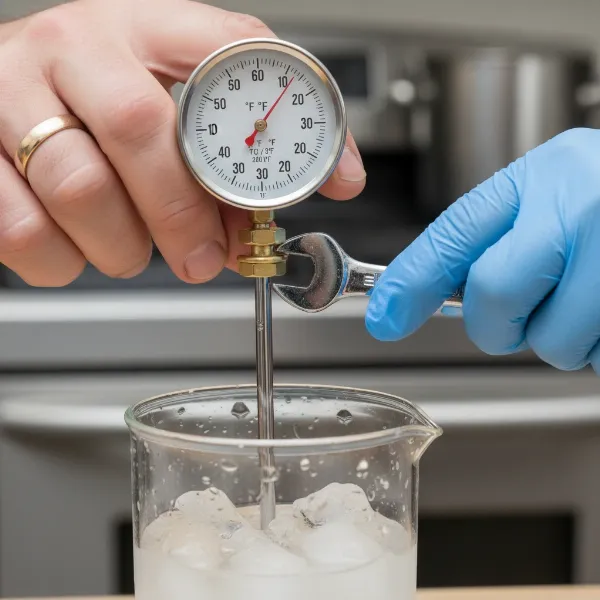 Hand using a wrench to adjust the calibration nut on an analog meat thermometer while it's in a liquid.