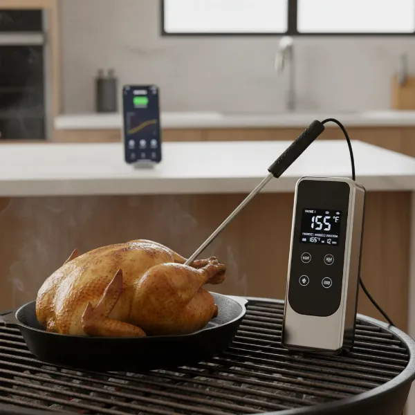 AI predictive meat thermometer in a modern kitchen, showing precision cooking