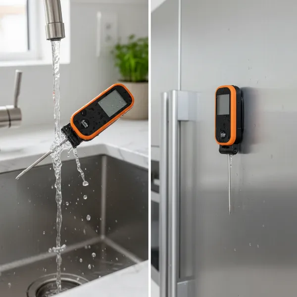 Alpha Grillers instant read meat thermometer being cleaned and stored on a refrigerator.