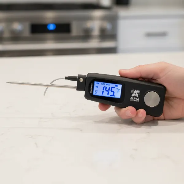 Alpha Grillers instant read meat thermometer showing digital display and folding probe for accuracy.