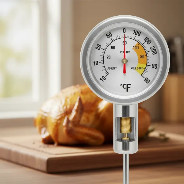 Close-up of an analog meat thermometer with a visible dial and bimetallic coil.