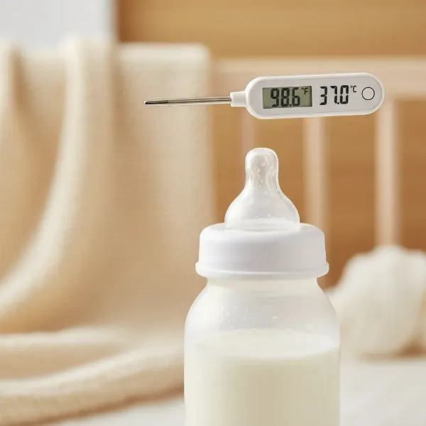 Close-up of a baby bottle with a thermometer showing ideal feeding temperature for safety and nutrition.