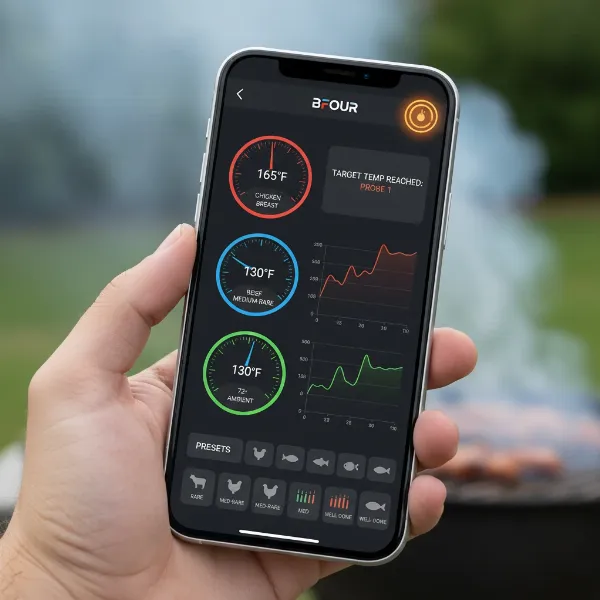Smartphone screen displaying the BFOUR app with real-time temperature graphs and alerts for multiple meat probes.