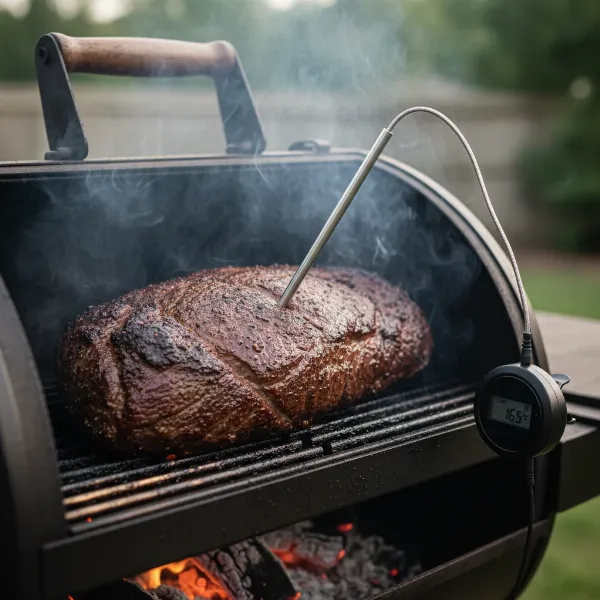 Bluetooth meat thermometer probe inserted into a brisket cooking on a smoker grill.
