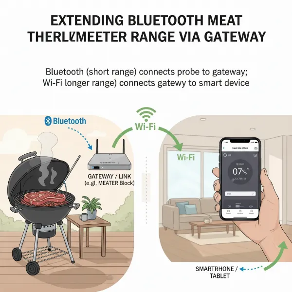 A diagram illustrating a Bluetooth meat thermometer connecting to a gateway device, which then connects to a smartphone via Wi-Fi.