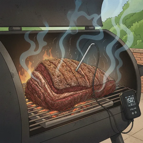 Illustration of brisket in smoker with temperature probe, showing evaporative cooling causing the stall.