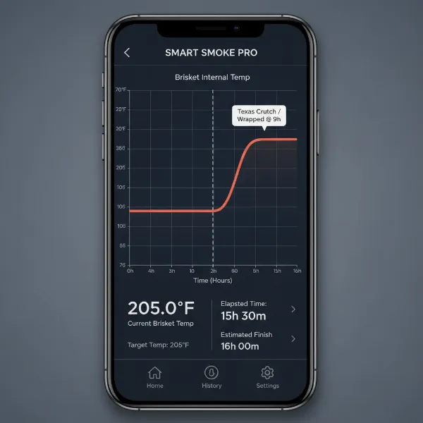 Smart meat thermometer app graph showing brisket temperature stall and subsequent rise after wrapping.