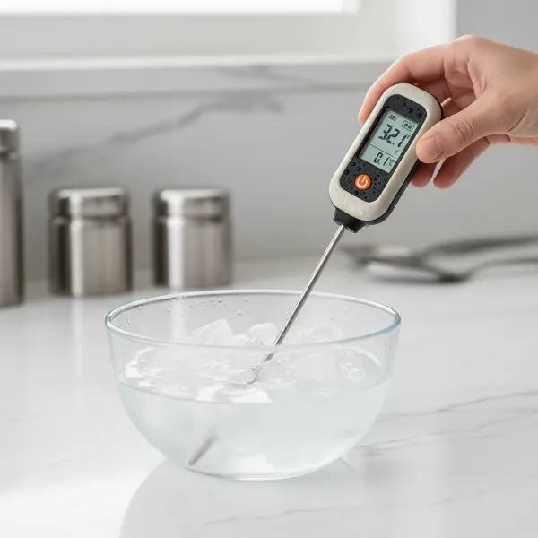 Hand calibrating a waterproof meat thermometer using the ice bath method for accuracy