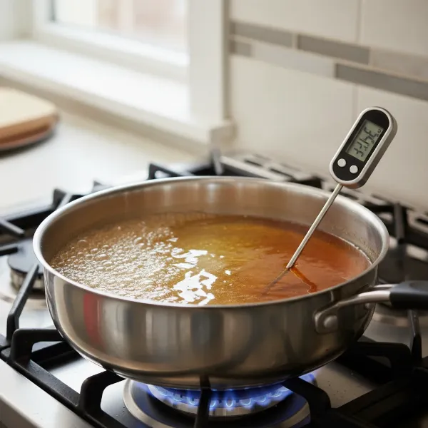 Caramel sugar syrup transforming from clear to golden amber with a digital thermometer
