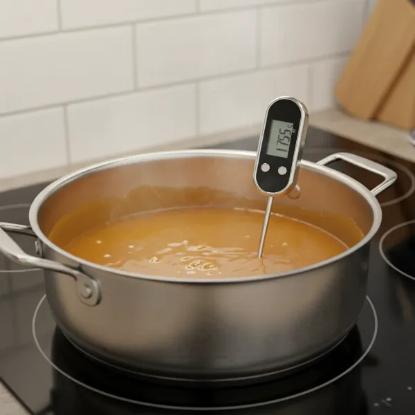 Digital meat thermometer accurately measuring temperature in bubbling golden caramel sauce