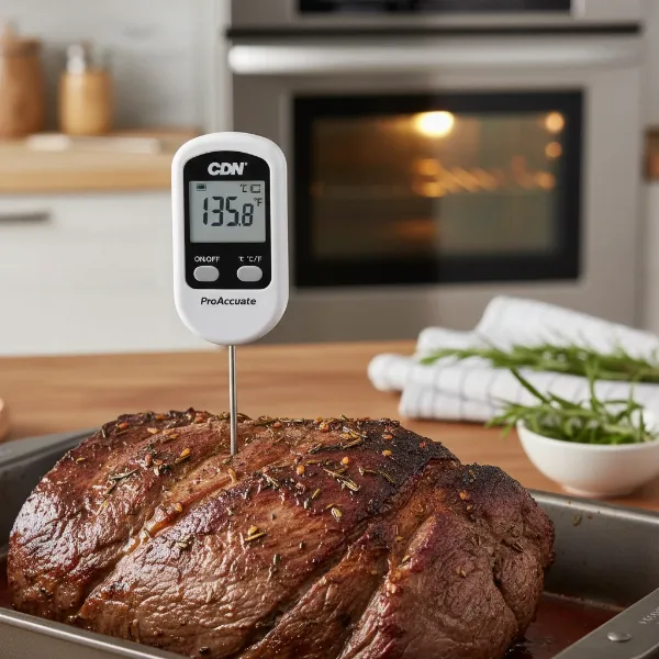 CDN ProAccurate quick-read meat thermometer with stainless steel probe checking beef.