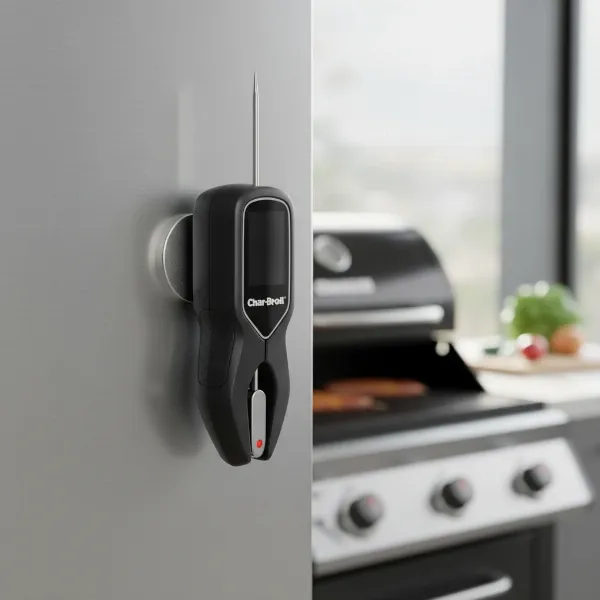 Char-Broil meat thermometer with its probe folded, demonstrating its compact storage and magnetic back.