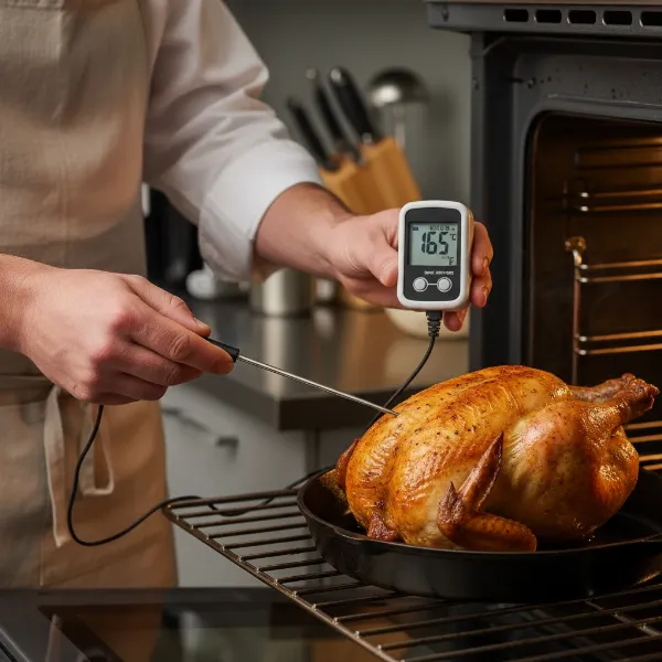 A chef checking meat temperature with a digital thermometer