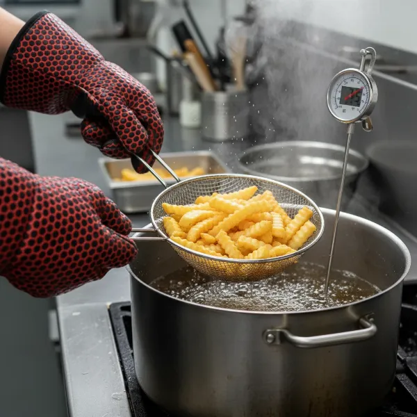 Chef carefully lowering food into hot oil with a spider strainer, monitoring temperature with thermometer.