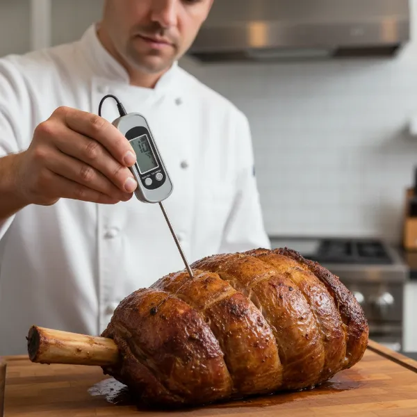 Chef using an instant-read thermometer to check the internal temperature of a roast.