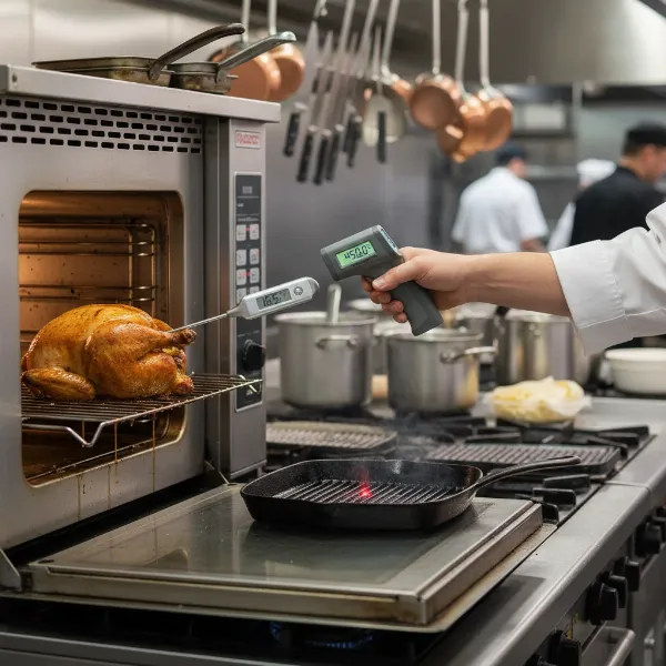 Chef using both a probe thermometer in meat and an infrared thermometer on a pan in a kitchen.