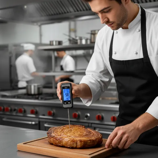 Chef checking internal temperature of food with a waterproof meat thermometer in professional kitchen