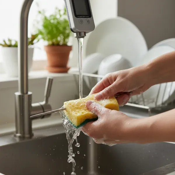 Hands washing a meat thermometer probe with hot, soapy water to sanitize it, preventing foodborne illness.