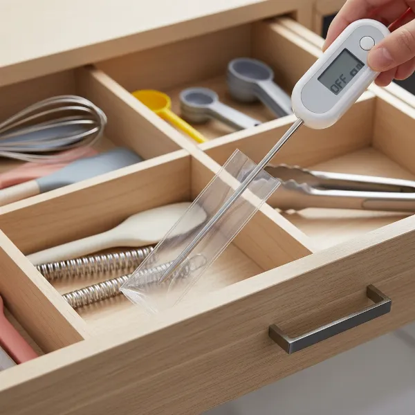 A perfectly clean and dry meat thermometer being placed into its protective sheath for safe storage in a kitchen drawer