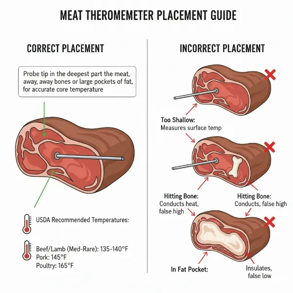 Diagram showing correct and incorrect probe placement in a large cut of meat.