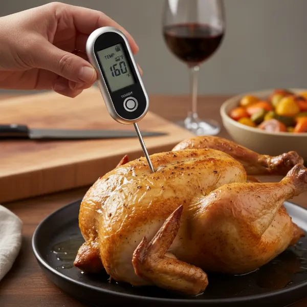 A cook accurately inserting a digital meat thermometer into the thickest part of a roast.
