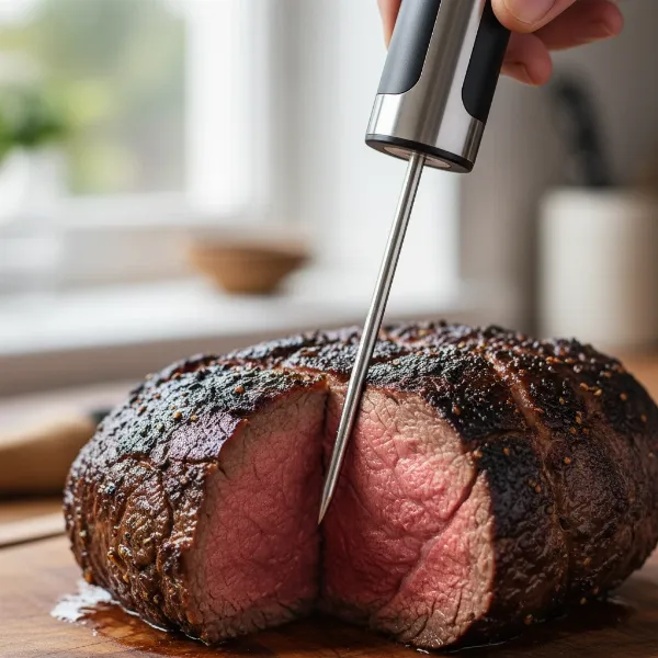 A close-up image showing a meat thermometer probe correctly inserted into the thickest part of a roast.