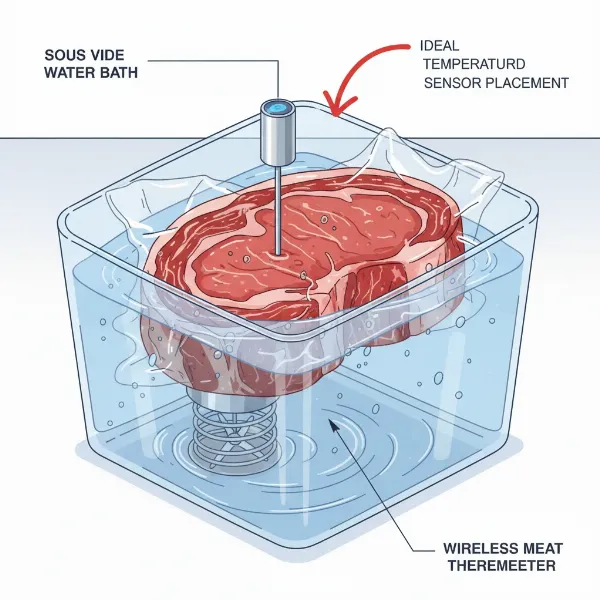 Illustration demonstrating correct probe placement in a cut of meat for sous vide.