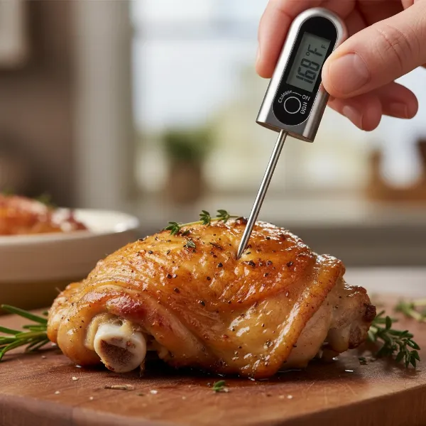 Proper technique for inserting an instant-read meat thermometer into the thickest part of a chicken thigh, avoiding the bone.