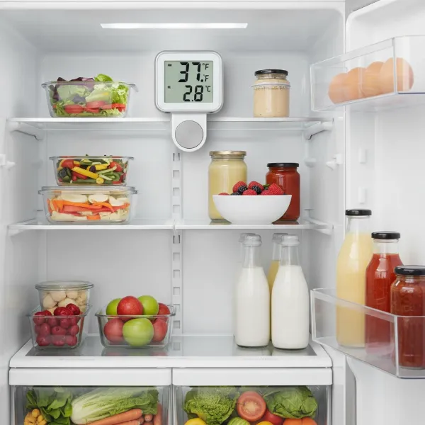Magnetic thermometer correctly placed at eye level on a refrigerator shelf for optimal monitoring.
