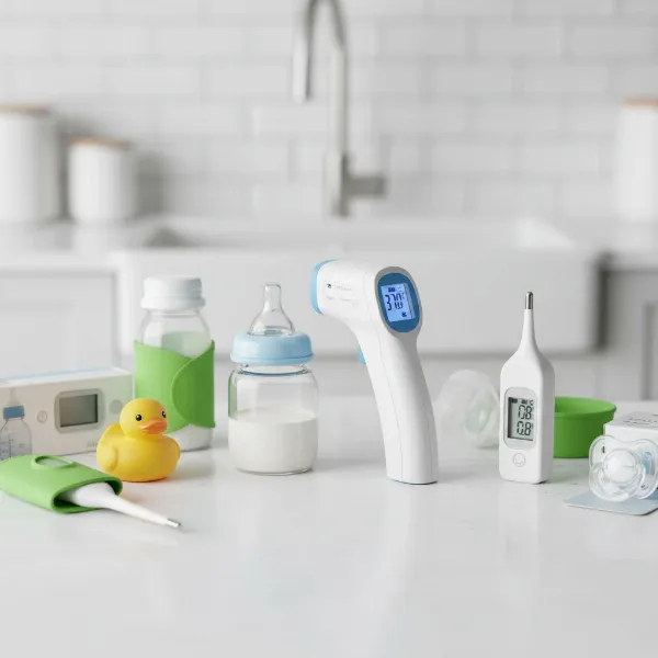 Various types of dedicated baby bottle thermometers, emphasizing hygiene and ease of use.