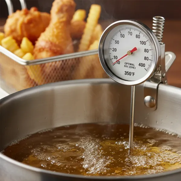 A deep frying thermometer with a pot clip accurately measuring oil temperature for crispy fried food.