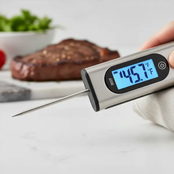 Modern digital instant-read meat thermometer with a clear LCD screen displaying temperature.