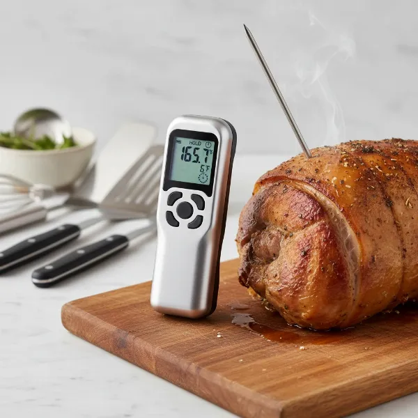 Digital instant-read meat thermometer displaying internal food temperature clearly.