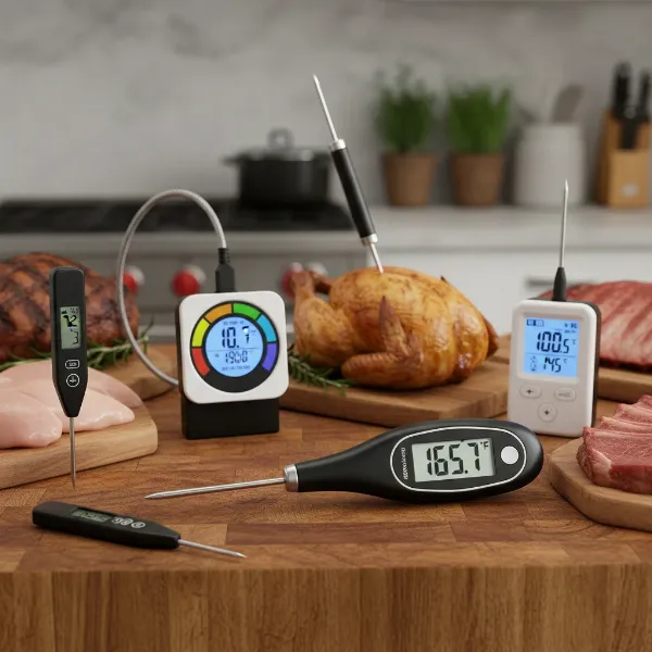various types of digital instant-read meat thermometers for cooking