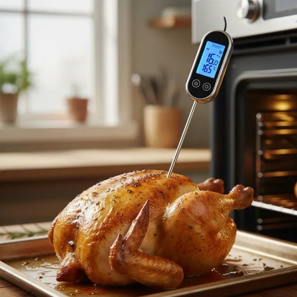 Digital meat thermometer accurately measures internal temperature of a roasted chicken, ensuring perfect doneness.