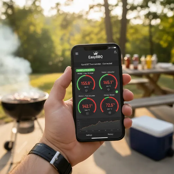 Smartphone screen showing EasyBBQ app monitoring Oprol thermometer temperatures remotely.