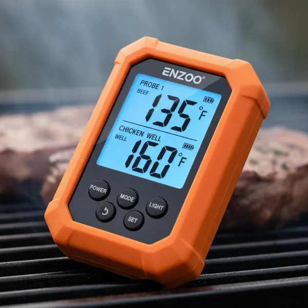 Enzoo wireless meat thermometer receiver's backlit LCD displaying multiple probe temperatures and cooking settings.