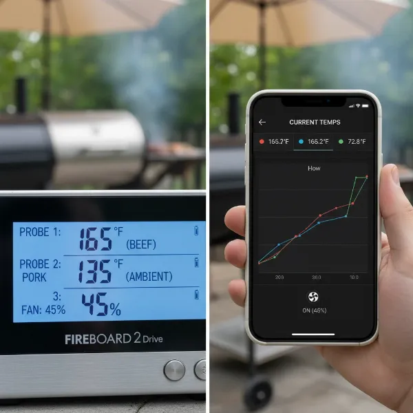 FireBoard 2 Drive LCD display showing multiple probe temperatures and a smartphone app interface.
