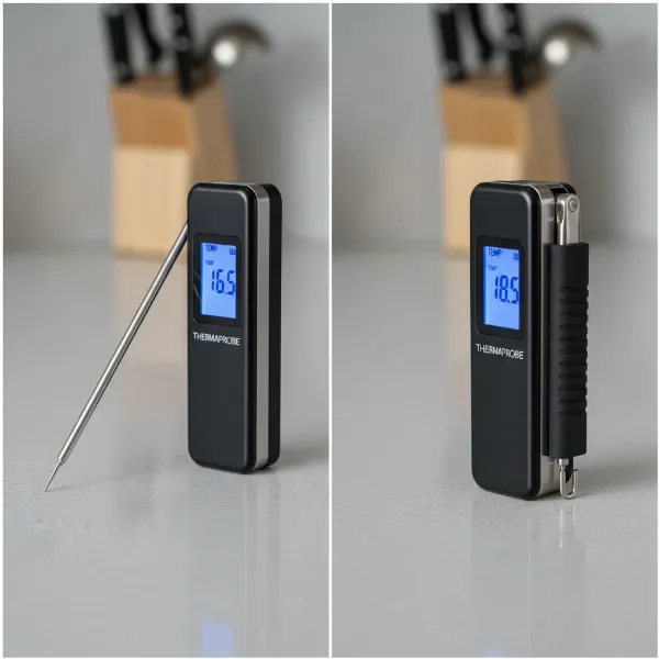 A folding probe thermometer showcasing its compact design and easy-to-clean features.