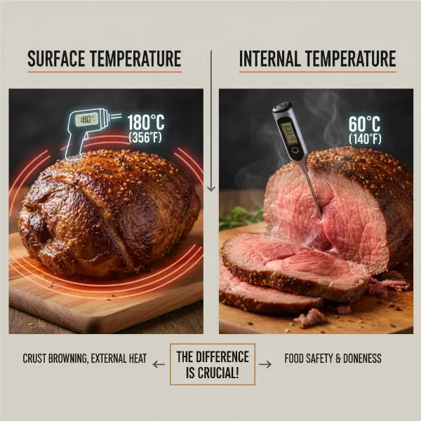 A visual guide illustrating the difference between surface and internal temperature in cooking food.