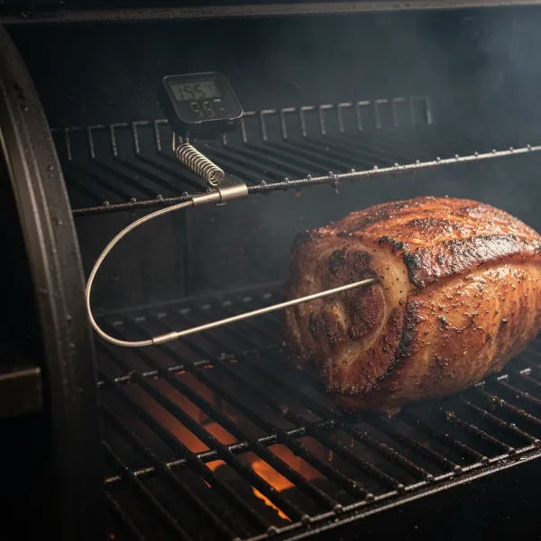 Digital temperature probe correctly positioned at grate level in a BBQ smoker