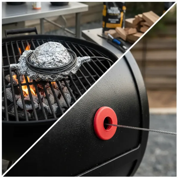 Various methods to protect grill thermometer wires, including foil and silicone grommet.