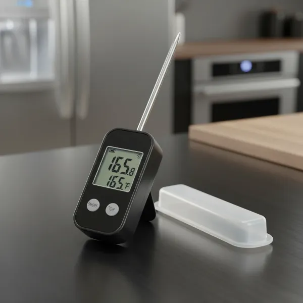 close up of Habor 022 meat thermometer showing display and probe
