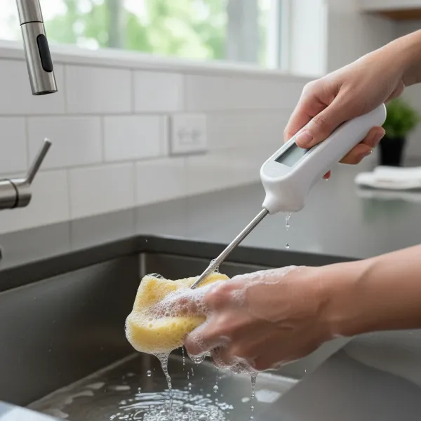A person carefully hand washing a meat thermometer probe with soap and water in a kitchen sink