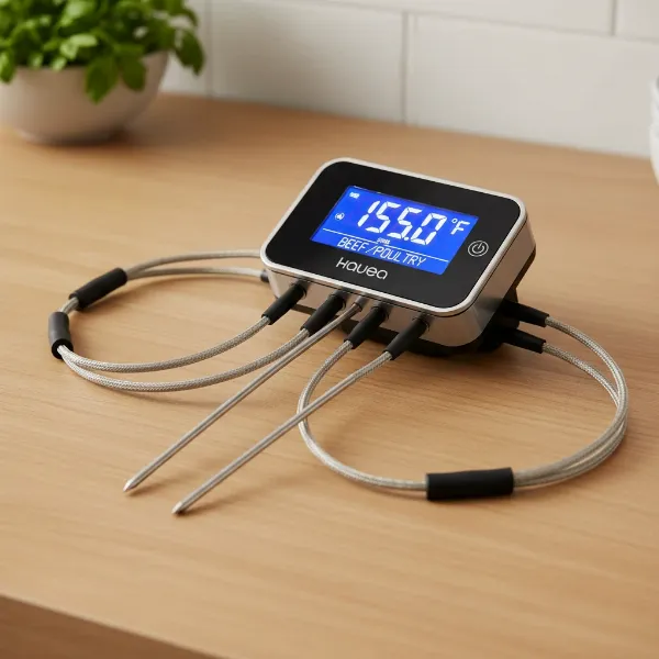Hauea meat thermometer with multiple long probes and digital display for cooking.