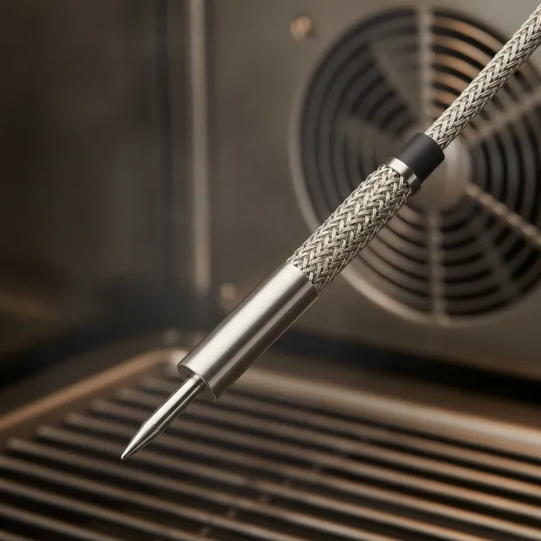 Detail of a heat-resistant thermometer probe with braided stainless steel wire for air fryers.