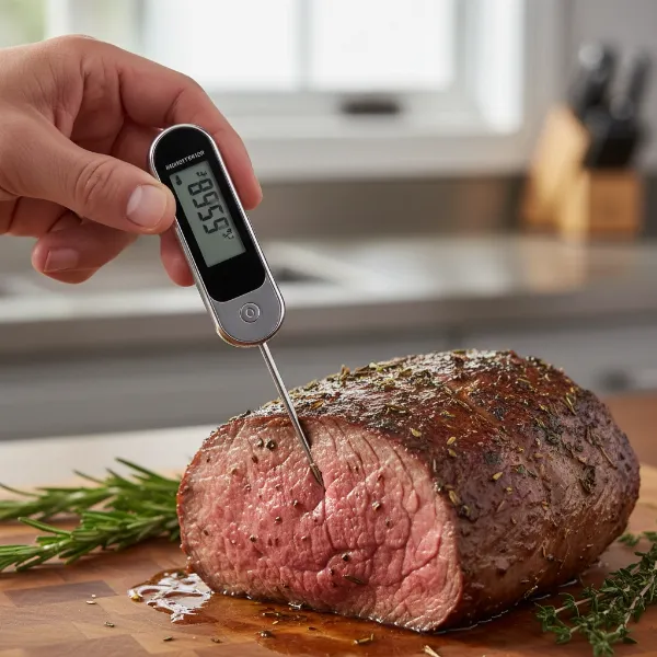 Home cook checking temperature of a perfectly cooked roast with an instant-read thermometer.