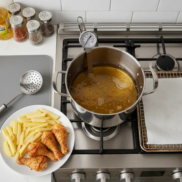 Home deep frying setup with a pot, oil, food, and a thermometer.