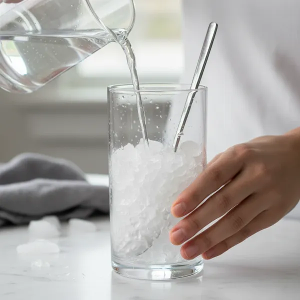 Hands preparing an ice water bath with crushed ice and water in a tall glass for thermometer calibration.